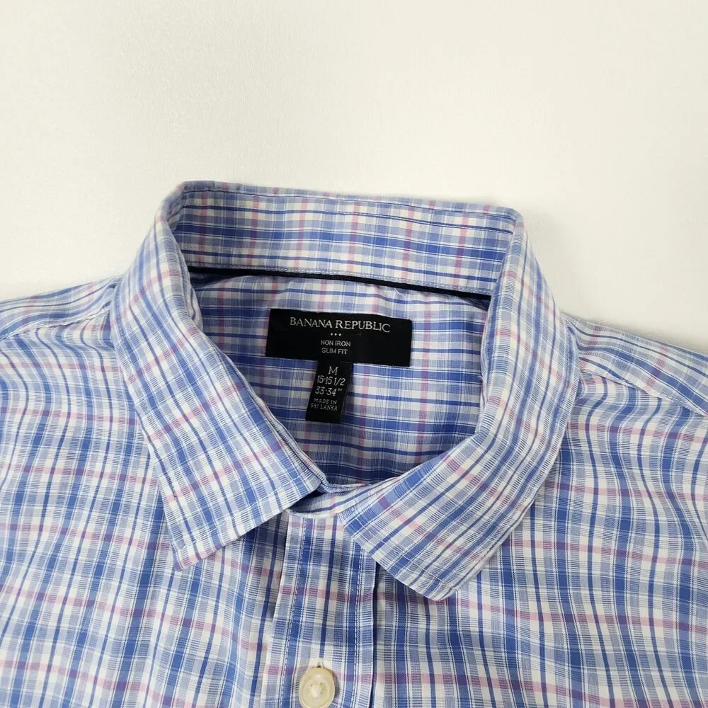 Banana Republic Mens M 15 15.5 Blue Pink Plaid Non Iron Slim Fit Dress Shirt